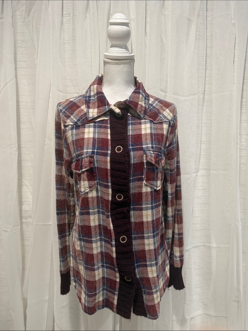 BKE Burgundy, Navy and Cream Plaid Button-Down Shirt - Picture 1 of 7